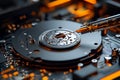 Close up macro view of a precision instrument examining the intricate mechanical components within a hard drive Royalty Free Stock Photo