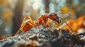 Detailed macro view of ants feeding on a deceased ant in the natural forest environment