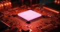 Close up macro shot of a glowing pink computer processor chip on a circuit board with warm ambient lighting Royalty Free Stock Photo