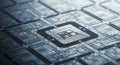 Detailed macro view of a computer CPU processor microchip on a complex circuit board with a shallow depth of field Royalty Free Stock Photo