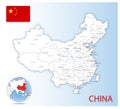 Detailed map of China administrative divisions with country flag and location on the globe.