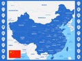 The detailed map of China with regions or states and cities, capitals. With map pins or pointers. Place location markers or signs Royalty Free Stock Photo