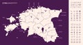 Detailed map of Estonia with administrative divisions on a dark background, country big cities and icons set, vector illustration