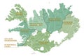 Detailed map of Iceland with administrative divisions into Regions and Municipalities, major cities of the country, vector