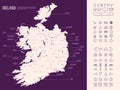 Detailed map of Ireland with administrative divisions on dark background, country big cities and icons set, vector illustration