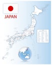 Detailed map of Japan administrative divisions with country flag and location on the globe.