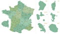 Detailed map of metropolis and overseas territories of France with administrative divisions into regions and departments, large