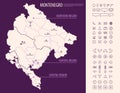 Detailed map of Montenegro with administrative divisions on dark background, country big cities and icons set, vector