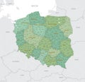 Detailed map of Poland with administrative divisions into 16 provinces voivodeships and counties powiats, major cities of the