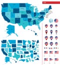 Detailed map of the United States of America. Big sities. Icons, location indicators