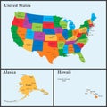 The detailed map of the USA including Alaska and Hawaii. The United States of America with the capitals and the biggest cities Royalty Free Stock Photo