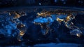 A detailed map of the world illuminated by city lights during the night, showing population centers and urban areas Royalty Free Stock Photo