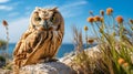 Detailed Marine View: Owl Resting On Rock With Grass And Flowers Royalty Free Stock Photo