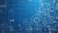 Detailed mechanical engineering blueprint shows complex machinery components. White lines on blue background create a technical Royalty Free Stock Photo