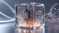 Intricate mechanical core encased in a crystal cube with glowing fiber optics Royalty Free Stock Photo
