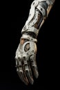 Highly Detailed Mechanical Prosthetic Arm with Articulated Fingers. AI generation