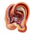 Detailed medical view of the human ear, showing the internal anatomy including the outer, middle, and inner ear structures, Royalty Free Stock Photo