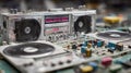 Detailed medium shot capturing a vintage 1980s boombox midassembly emphasizing the integration of modern lithiumion and Royalty Free Stock Photo