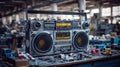 Detailed medium shot capturing a vintage 1980s boombox midassembly emphasizing the integration of modern lithiumion and Royalty Free Stock Photo