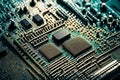 A detailed microchip close-up, the intricate circuits and components that power modern technology