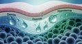 Detailed cross-section of human skin layers showing Dermis Epidermis and Hypodermis with water droplets Royalty Free Stock Photo