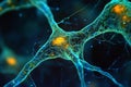 Detailed microscopic view of a neuron network with glowing teal connections and orange nodes. Royalty Free Stock Photo