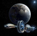 Detailed military spaceship near Earth Royalty Free Stock Photo