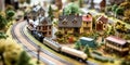 A detailed miniature railway scene with tracks, trains, and tiny buildings , concept of Model-making, created with