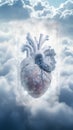 Detailed model of human heart suspended in the clouds. Generative AI