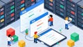 3D Isometric Illustration of IT Team Managing SQL Databases Across Multiple Digital Devices Royalty Free Stock Photo