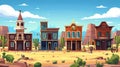 Detailed modern illustration of a west side city street with a saloon, sheriff's office, bank, hotel, and store with Royalty Free Stock Photo
