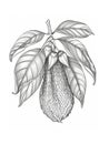 Detailed monochrome botanical illustration of a ripe avocado with green leaves on a white background