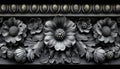 Detailed monochrome carving of floral design, showcasing artistry in old engraving style