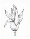 Detailed Monochrome Drawing of a Single Corn Cob with Leaves and Stalks Royalty Free Stock Photo