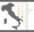 Detailed monochrome map of Italy, gray country territory with geographic borders and administrative divisions on white background