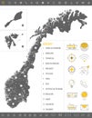 Detailed monochrome map of Norway, gray country territory with geographical borders and administrative divisions on a white Royalty Free Stock Photo