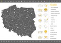 Detailed monochrome map of Poland, gray country territory with geographic borders and administrative divisions on white background