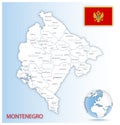 Detailed Montenegro administrative map with country flag and location on a blue globe