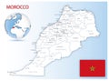 Detailed Morocco administrative map with country flag and location on a blue globe.