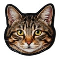 Detailed needlepoint embroidery patch cat face with sharp, defined features, bright yellow eyes. Cute, minimalistic iron-on Royalty Free Stock Photo