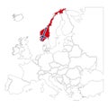 Detailed Norway silhouette with national flag on contour europe map on white