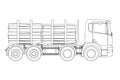 Detailed outline of a truck with wood from black lines isolated on a white background. Side view. Vector illustration Royalty Free Stock Photo