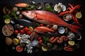 Detailed Overhead shot seafood meal. Generate Ai