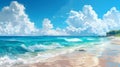 A detailed painting of a beach scene featuring vibrant blue water and fluffy clouds in the sky. The sandy shore waves Royalty Free Stock Photo