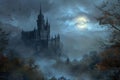 A detailed painting captures the atmospheric mist that engulfs a castle nestled within a dense forest, Vampiric castle shrouded in