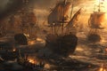 A detailed painting depicting a fleet of ships sailing through the vast expanse of the ocean, A historic naval battle scene with