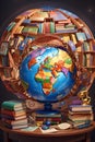 A detailed painting of a globe surrounded by a rainbow of books, representing the importance of literacy for all nations.