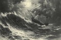 A detailed painting of a ship navigating through powerful waves in a tumultuous storm at sea, A vintage drawing of a ship battling