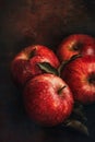 Three Red Apples With Leaves Painting