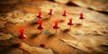 Detailed Panoramic View of Historical Map Locations Marked with Red Pushpins A Rich Visual Exploration of Geographical Royalty Free Stock Photo